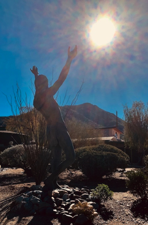 Jan 29 - Michael D'Ambrosi's 
larger-than-life Native American sculpture greeting the morning sun.